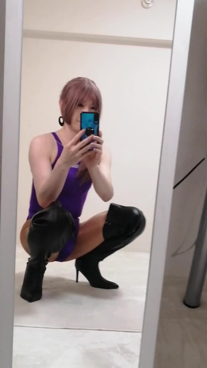 [no porn] Japanese Sissy image clip with Purple Swimsuit and Tan Pantyhose, Thigh-high Boots